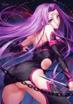  1girl artist_name ass back bangs bare_shoulders black_dress black_legwear breasts chains commentary_request dagger detached_sleeves dress facial_mark fate/stay_night fate_(series) forehead_mark highres large_breasts long_hair looking_at_viewer looking_back purple_hair rider sakiyamama short_dress signature solo strapless strapless_dress thighs very_long_hair violet_eyes weapon 