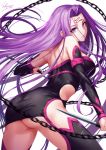  1girl artist_name ass back bangs bare_shoulders black_dress black_legwear breasts chains commentary_request dagger detached_sleeves dress facial_mark fate/stay_night fate_(series) forehead_mark highres large_breasts long_hair looking_at_viewer looking_back purple_hair rider sakiyamama short_dress signature solo strapless strapless_dress thighs very_long_hair violet_eyes weapon 