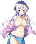  1girl absurdres ahoge azur_lane bare_shoulders bikini blush braided_bun breasts cleavage closed_mouth collarbone cowboy_shot cygnet_(azur_lane) double_bun fur-trimmed_jacket fur_trim highres jacket large_breasts long_hair long_sleeves looking_at_viewer maritaki mouth_hold navel off_shoulder open_clothes open_jacket plaid sarong silver_hair smile solo standing stomach swimsuit untied untied_bikini violet_eyes white_bikini white_jacket 