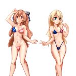  2girls american_flag_bikini bikini blonde_hair blue_bikini blue_eyes blue_ribbon breasts castyx collarbone flag_print hair_ornament hair_ribbon highleg highleg_bikini highleg_swimsuit highres jervis_(kantai_collection) johnston_(kantai_collection) kantai_collection light_brown_hair long_hair looking_at_viewer medium_breasts multiple_girls navel red_eyes ribbon simple_background small_breasts smile standing swimsuit thigh_gap two_side_up union_jack v white_background 