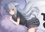  1girl amashiro_natsuki animal_ears bangs bare_arms bed_sheet black_legwear black_shirt black_skirt blush bow bowtie cat_ears cat_girl cat_tail commentary_request dress_shirt grey_hair grey_neckwear hair_spread_out hand_up highres holding_lollipop legwear_removed long_hair looking_at_viewer lying miniskirt on_side original parted_lips pillow pillow_hug plaid plaid_skirt pleated_skirt school_uniform shirt short_sleeves sidelocks skirt socks solo tail thighs very_long_hair yellow_eyes 