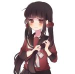  1girl bangs black_hair black_skirt blunt_bangs blush commentary_request dangan_ronpa hair_ornament harukawa_maki holding holding_hair long_hair low_twintails mole mole_under_eye new_dangan_ronpa_v3 pleated_skirt red_eyes red_scrunchie red_shirt rupika_(rr_ca) school_uniform scrunchie serafuku shirt simple_background skirt solo twintails upper_body wavy_mouth white_background 