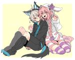  2boys ahoge alternate_costume animal_ears astolfo_(fate) black_hoodie blue_nails blush braid brown_hair bunny_tail fang fate/apocrypha fate_(series) hair_intakes hair_ribbon haoro hood hood_up hoodie long_braid looking_at_viewer male_focus multicolored_hair multiple_boys nail_polish open_mouth otoko_no_ko pink_hair pink_nails pink_ribbon rabbit_ears red_eyes ribbon sieg_(fate/apocrypha) single_braid sketch socks streaked_hair tail thigh-highs violet_eyes white_hoodie wolf_ears wolf_tail 