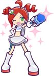  1girl andou_ringo boots character_hair_ornament crop_top crossover eyebrows gloves headset jetpack knee_boots microphone midriff miniskirt official_art open_mouth puyopuyo puyopuyo_quest redhead shiny sleeveless space_channel_5 thigh_strap ulala_(cosplay) white_boots white_gloves white_shirt white_skirt wink 