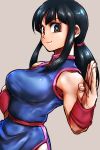  1girl bangs bare_shoulders black_hair breasts brown_eyes chi-chi_(dragon_ball) chinese_clothes close-up dragon_ball dragon_ball_(classic) dress eyelashes fingernails grey_background hand_on_hip hand_up looking_at_viewer ponytail salute simple_background sleeveless sleeveless_dress smile solo st62svnexilf2p9 upper_body wristband 