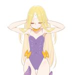  1girl abigail_williams_(fate/grand_order) arms_behind_head bandage bangs blonde_hair blush chan_co choker closed_eyes eyebrows_visible_through_hair fate/grand_order fate_(series) hands_in_hair leotard long_hair ribbon ribbon_choker smile solo swimsuit tentacle thigh_gap thighs white_background yellow_ribbon 