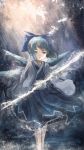  1girl absurdres blue_eyes blue_hair bow cirno commentary frost hair_bow highres ice ice_wings japanese_clothes kazu9029-paint kimono light_rays short_hair snow solo sunbeam sunlight touhou wings 