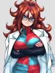  1girl android_21 black_gloves black_nails blue_dress blue_eyes breasts checkered checkered_dress crossed_arms dragon_ball dragon_ball_fighterz dress eyelashes fingernails glasses gloves grey_background head_tilt jacket_on_shoulders labcoat long_hair looking_at_viewer nail_polish red_dress red_eyes red_ribbon_army simple_background smile solo spiky_hair st62svnexilf2p9 two-tone_dress 