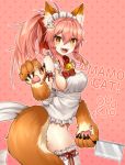  1girl animal_ear_fluff animal_ears apron bell bell_collar blush breasts cat_hair_ornament cat_paws character_name collar fangs fate/grand_order fate_(series) fox_ears fox_girl fox_tail gloves hair_ornament hair_ribbon jingle_bell large_breasts long_hair looking_at_viewer looking_to_the_side maid_headdress naked_apron open_mouth paw_gloves paws pink_hair ponytail red_ribbon ribbon sideboob solo tail tamamo_(fate)_(all) tamamo_cat_(fate) yellow_eyes 