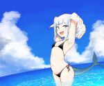  1girl absurdres armpits arms_up bangs belly bikini black_bikini blsh blue_eyes blue_hair blunt_bangs clouds cloudy_sky eyebrows_visible_through_hair fish_tail flat_chest gawr_gura highres hololive hololive_english looking_at_viewer medium_hair multicolored_hair navel ocean partially_submerged ryuki-926mzn shark_tail sharp_teeth side-tie_bikini sidelocks silver_hair sky solo streaked_hair swimsuit tail teeth undressing upper_body virtual_youtuber 