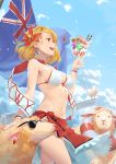  1girl animal azur_lane baraba_baba bikini blonde_hair bracelet braid breasts clouds cowboy_shot crown_braid day earrings flower food french_braid fruit hair_flower hair_ornament highres holding ice_cream jewelry lifebuoy medium_breasts navel new_zealand_flag open_mouth outdoors parfait prince_of_wales_(azur_lane) red_eyes sarong sheep short_hair strawberry sunglasses swimsuit upper_teeth 