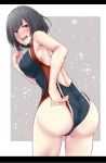  1girl adjusting_clothes adjusting_swimsuit ass back black_border black_hair black_swimsuit blush border breasts competition_swimsuit cowboy_shot eyebrows_visible_through_hair gradient gradient_background grey_background hair_between_eyes highleg highleg_swimsuit kantai_collection large_breasts looking_at_viewer looking_back one-piece_swimsuit open_mouth red_eyes shohei_(piranha5hk) short_hair sideboob solo standing swimsuit white_background yamashiro_(kantai_collection) 