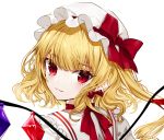  1girl absurdres bangs blonde_hair bow choker commentary_request crystal daimaou_ruaeru eyebrows_visible_through_hair flandre_scarlet frilled_shirt_collar frills from_behind hair_between_eyes hat hat_bow highres long_hair looking_at_viewer looking_back mob_cap one_side_up portrait red_bow red_choker red_eyes red_ribbon ribbon ribbon_choker simple_background smile solo touhou white_background white_hat wings 