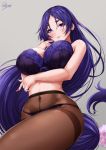  1girl arm_under_breasts artist_name bangs bare_shoulders blush bra breasts closed_mouth commentary_request covered_navel crotch_seam fate/grand_order fate_(series) grey_background hair_between_eyes highres hips large_breasts long_hair looking_at_viewer low-tied_long_hair minamoto_no_raikou_(fate/grand_order) nail_polish navel panties panties_under_pantyhose pantyhose parted_bangs purple_bra purple_hair purple_nails purple_panties sakiyamama signature simple_background smile solo thighband_pantyhose thighs underwear very_long_hair violet_eyes 