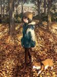  1girl autumn_leaves boots brown_eyes brown_hair commentary dog_walking english_commentary hand_in_pocket hat highres jacket leash original outdoors pantyhose tokunaga_akimasa tree welsh_corgi 