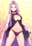  1girl babydoll bangs bare_shoulders black_panties blurry blurry_background blush breasts choker cleavage cleavage_cutout clothes_lift fate/stay_night fate_(series) forehead long_hair looking_at_viewer medium_breasts navel open_mouth panties parted_bangs parted_lips purple_hair rider solo thighs underwear very_long_hair violet_eyes zucchini 