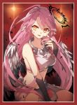  1girl angel_wings blood blood_on_face breasts bridal_gauntlets chibirisu crop_top cross feathered_wings halo highres jibril_(no_game_no_life) large_breasts long_hair looking_at_viewer low_wings magic_circle midriff no_game_no_life open_mouth pink_hair solo source_request symbol-shaped_pupils very_long_hair wing_ears wings yellow_eyes 