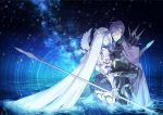  1boy 1girl armor black_skirt brynhildr_(fate) cloak closed_eyes closed_mouth fate/grand_order fate_(series) gauntlets glasses hand_holding holding holding_weapon krab legs long_hair multicolored_hair night night_sky ocean outdoors polearm shoulder_spikes sigurd_(fate/grand_order) silver_hair skirt sky spear spikes spiky_hair star_(sky) starry_sky thighs very_long_hair weapon 