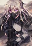  1girl absurdres ak-12 ak-12_(girls_frontline) assault_rifle bangs black_ribbon braid caiman-pool cape finger_on_trigger floating framed_breasts french_braid girls_frontline gloves glowing glowing_eyes gun highres holding holding_gun holding_weapon jacket long_hair long_sleeves looking_at_viewer mask ribbon rifle sidelocks silver_hair solo trigger_discipline violet_eyes weapon 