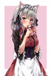  animal_ear_fluff animal_ears apron bangs black_ribbon blush cat_ears corset cross-laced_clothes dress eyebrows_visible_through_hair fingernails gift grey_hair hair_between_eyes heterochromia highres holding holding_gift long_hair maid_headdress marisasu_(marisa0904) nail_polish neck_ribbon original outside_border purple_background red_dress red_eyes red_nails ribbon sidelocks simple_background sweatdrop violet_eyes waist_apron wide_sleeves 