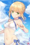  1girl ahoge artoria_pendragon_(all) artoria_pendragon_(swimsuit_archer) bare_shoulders bikini blonde_hair blue_bow blue_ribbon blue_sky bow braided_bun breasts cleavage clouds day eyebrows_visible_through_hair fate/grand_order fate_(series) goemon1110 green_eyes grin groin hair_between_eyes hair_ribbon halterneck highres looking_at_viewer navel outdoors ribbon short_hair sky small_breasts smile solo standing swimsuit wet white_bikini 