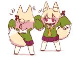  2girls angry animal_ear_fluff animal_ears arms_up bangs bell bell_collar blonde_hair blush brown_collar brown_footwear brown_neckwear clone collar eyebrows_visible_through_hair facing_another fox_ears fox_girl fox_tail green_shirt hair_between_eyes hair_bun hair_ornament highres jingle_bell kemomimi-chan_(naga_u) long_hair long_sleeves looking_at_another multiple_girls naga_u original parted_lips pleated_skirt purple_skirt red_eyes ribbon-trimmed_legwear ribbon_trim sailor_collar shadow shirt skirt sleeves_past_fingers sleeves_past_wrists standing tail tail_raised thigh-highs v-shaped_eyebrows white_background white_legwear white_sailor_collar 