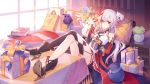  1girl artist_request bangs boots breasts china_dress chinese_clothes closed_mouth dress feathers fu_hua gift gold_trim gradient_hair hair_between_eyes hair_ornament high_heel_boots high_heels highres honkai_(series) honkai_impact_3 indoors legs_crossed legs_on_table long_hair looking_at_viewer low_ponytail medium_breasts multicolored_hair o-ring official_art pelvic_curtain phoenix_(honkai_impact) plant potted_plant red_eyes redhead side_slit sidelocks silver_hair single_thighhigh solo streaked_hair stuffed_animal stuffed_toy table thigh-highs thighlet turquoise_(gemstone) window 