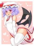  /\/\/\ 1girl :d alternate_costume bangs bare_shoulders bat_wings blue_hair blush border breasts china_dress chinese_clothes commentary_request dress elbow_gloves eyebrows_visible_through_hair fang gloves groin hair_between_eyes hand_up hat hat_ribbon heart highres leg_up looking_at_viewer mob_cap open_mouth outside_border pelvic_curtain pink_background pink_eyes red_footwear red_ribbon remilia_scarlet ribbon shoes short_hair side_slit simple_background sleeveless sleeveless_dress small_breasts smile solo thigh-highs thighs tokoya_(ex-hetare) touhou v-shaped_eyebrows white_border white_dress white_gloves white_hat white_legwear wings 