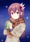  1girl alternate_costume blue_sweater blush brown_coat brown_hair can casual closed_mouth coat eyebrows_visible_through_hair hair_ornament highres holding holding_can kantai_collection kisaragi_(kantai_collection) long_hair long_sleeves looking_at_viewer minakami_mimimi night plaid plaid_scarf red_scarf scarf smile snow solo sweater upper_body violet_eyes 