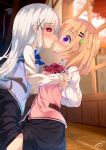  2girls black_skirt blue_neckwear blue_vest blurry blurry_background blush bow bowtie breasts chinomaron collared_shirt commentary_request dark_persona day demon_tail depth_of_field fingernails gochuumon_wa_usagi_desu_ka? hair_ornament hairclip heart heart-shaped_pupils highres hoto_cocoa indoors interlocked_fingers kafuu_chino light_brown_hair long_hair long_skirt long_sleeves multiple_girls nose_blush parted_lips pink_vest profile puffy_long_sleeves puffy_sleeves rabbit_house_uniform red_eyes red_neckwear saliva saliva_trail shirt signature silver_hair skirt sleeves_past_wrists small_breasts sunlight symbol-shaped_pupils tail tail_raised tongue tongue_out twitter_username uniform very_long_hair vest violet_eyes waitress white_shirt window x_hair_ornament yuri 