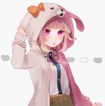  1girl alternate_costume animal_ears arm_up beige_skirt blush bow commentary_request dangan_ronpa ear_ribbon flipped_hair hair_ornament hairclip heart highres hood hood_up hoodie long_sleeves monomi_(dangan_ronpa) nanami_chiaki pink_eyes pink_hair pink_neckwear pink_ribbon pleated_skirt ribbon rupika_(rr_ca) shirt short_hair simple_background skirt solo super_dangan_ronpa_2 two-tone_jacket upper_body white_background white_shirt 