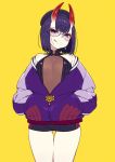  1girl :q bangs bare_shoulders bike_shorts blush breasts chan_co commentary_request earrings eyebrows_visible_through_hair fate/grand_order fate_(series) hands_in_pockets horns jacket jewelry long_sleeves looking_at_viewer off_shoulder oni oni_horns open_clothes open_jacket purple_hair purple_jacket rimless_eyewear short_eyebrows short_hair shuten_douji_(fate/grand_order) simple_background small_breasts smile solo standing thick_eyebrows tongue tongue_out violet_eyes yellow_background 