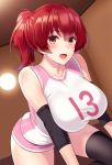  1girl bangs bare_shoulders blush breast_squeeze breasts colored_eyelashes commentary_request elbow_pads eyebrows_visible_through_hair gym_shorts gym_uniform high_ponytail huyumitsu indoors knee_pads large_breasts leaning_forward long_hair looking_at_viewer number open_mouth original pink_shorts ponytail red_eyes redhead shirt shorts sleeveless sleeveless_shirt solo sportswear uniform volleyball_uniform white_shirt 