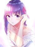  1girl boa_sorte bra breasts cleavage collarbone commentary_request eyebrows_visible_through_hair fate/stay_night fate_(series) hair_ribbon heaven&#039;s_feel highres long_hair looking_at_viewer matou_sakura off_shoulder pink_ribbon purple_hair ribbon solo surgical_mask underwear upper_body violet_eyes 