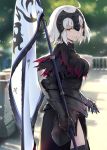  1girl ahoge armor armored_dress bangs black_legwear blurry blurry_background bokeh breasts cape cowboy_shot day depth_of_field dress fate/apocrypha fate_(series) fur-trimmed_cape fur_collar fur_trim gauntlets haoni headpiece jeanne_d&#039;arc_(alter)_(fate) jeanne_d&#039;arc_(fate) jeanne_d&#039;arc_(fate)_(all) large_breasts looking_at_viewer outdoors short_hair silver_hair smile solo standard_bearer thigh-highs tsurime yellow_eyes 
