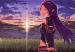  1girl :d ^_^ absurdres ahoge arms_behind_back bare_shoulders black_shirt blush closed_eyes closed_eyes clouds cloudy_sky commentary_request detached_sleeves grass gyahu hairband highres horizon juliet_sleeves long_hair long_sleeves ocean open_mouth outdoors pointy_ears puffy_sleeves purple_hair purple_sleeves red_hairband revision round_teeth shirt sky sleeveless sleeveless_shirt smile solo sunlight sunset sword_art_online teeth upper_teeth very_long_hair water yuuki_(sao) 