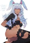  1girl animal_ears ass black_legwear breasts choker cleavage_cutout copyright_name dark_skin dated eyebrows_visible_through_hair final_fantasy final_fantasy_xiv highres kurono_yuu lips long_hair looking_at_viewer parted_lips pink_eyes silver_hair simple_background small_breasts solo thigh-highs viera wrist_cuffs 