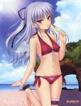  1girl absurdres angel_beats! barefoot beach bikini blue_ribbon blue_sky bracelet breasts cleavage clouds collarbone copyright_name day eyebrows_visible_through_hair feathered_wings floating_hair food hair_ribbon highres holding jewelry leg_up long_hair looking_at_viewer na-ga official_art outdoors ponytail popsicle red_bikini red_eyes ribbon shiny shiny_skin side-tie_bikini sideboob silver_hair sky small_breasts solo standing standing_on_one_leg sun sunlight swimsuit tachibana_kanade thigh_strap tongue tongue_out very_long_hair wings 