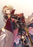  1girl absurdres armor armored_dress bangs blonde_hair blush boots breasts brown_eyes cape djeeta_(granblue_fantasy) dutch_angle gauntlets gem gradient gradient_background granblue_fantasy greaves hairband haruato head_tilt high_collar highres holding holding_sword holding_weapon looking_at_viewer medium_breasts red_hairband short_hair sidelocks simple_background smile solo sword thigh-highs thigh_boots thigh_strap weapon 