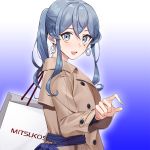  1girl bag blue_eyes blue_hair coat drew_(drew213g) earrings gotland_(kantai_collection) hair_bun jacket jewelry kantai_collection long_hair long_sleeves looking_at_viewer mole mole_under_eye official_art pointing shopping_bag smile winter_clothes winter_coat 