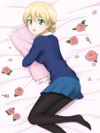  1girl bangs bed_sheet black_legwear blonde_hair blue_eyes blue_skirt blue_sweater braid commentary darjeeling darknessukaru eyebrows_visible_through_hair flower frilled_pillow frills from_above girls_und_panzer legs light_blush long_sleeves looking_at_viewer lying miniskirt on_bed on_side open_mouth pantyhose petals pillow pillow_hug pink_flower pink_rose pleated_skirt rose school_uniform shirt short_hair skirt smile solo st._gloriana&#039;s_school_uniform sweater tied_hair twin_braids white_shirt 