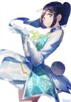  1girl artist_name awaken_the_power birthday blue_hair commentary_request detached_sleeves dress earrings eyebrows_visible_through_hair gloves hair_ornament highres jewelry long_hair love_live! love_live!_sunshine!! marshall_(wahooo) matsuura_kanan ponytail solo violet_eyes white_dress white_gloves yellow_neckwear 