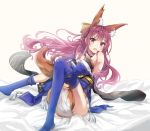  1girl animal_ear_fluff animal_ears blanket blue_kimono blue_legwear blush bow breasts cleavage cosplay detached_collar detached_sleeves eyebrows_visible_through_hair fate/extra fate/grand_order fate_(series) fox_ears fox_girl fox_tail full_body gradient gradient_background gradient_hair hair_between_eyes hair_bow japanese_clothes kamikaze_(kantai_collection) kantai_collection kimono large_breasts long_hair multicolored_hair obi pink_hair ribbon sash sitting solo tail tamamo_(fate)_(all) tamamo_no_mae_(fate) tamamo_no_mae_(fate)_(cosplay) thigh-highs violet_eyes wide_sleeves yazuishou_ray yellow_bow yellow_eyes yellow_ribbon 