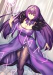  1girl bangs breasts cleavage dress fate/grand_order fate_(series) fur_trim hair_between_eyes highres jewelry large_breasts long_hair looking_at_viewer purple_dress purple_hair red_eyes runes scathach_(fate)_(all) scathach_skadi_(fate/grand_order) smile solo tiara wand yui_sora 