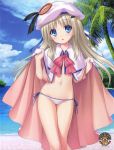  1girl absurdres bikini black_ribbon blue_eyes blue_sky bow bowtie capelet clouds copyright_name eyebrows_visible_through_hair floating_hair groin hat hat_ribbon head_tilt highres little_busters!! long_hair looking_at_viewer na-ga navel noumi_kudryavka official_art open_mouth outdoors palm_tree red_bow red_neckwear ribbon side-tie_bikini silver_hair sky solo standing swimsuit tree very_long_hair white_bikini_bottom white_capelet white_hat 