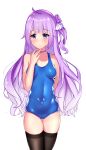  1girl absurdres ahoge azur_lane black_legwear blue_eyes blue_swimsuit breasts choker collarbone cowboy_shot eyebrows_visible_through_hair floating_hair gradient_hair highres long_hair lumu_yuanxiang multicolored_hair purple_hair school_swimsuit shiny shiny_hair side_ponytail simple_background skin_tight small_breasts solo standing swimsuit thigh-highs thigh_gap unicorn_(azur_lane) very_long_hair white_background 