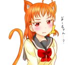  1girl animal_ears cat_ears cat_tail commentary_request eyes flushed hair_ribbon love_live! love_live!_sunshine!! orange_hair ribbon rinsei213 tail takami_chika translated white_background 