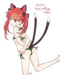 1girl :3 animal_ears arms_behind_back ass bangs bikini black_bow blunt_bangs blush bow cat_ears cat_girl cat_tail dra eyebrows_visible_through_hair green_bikini hair_bow kaenbyou_rin long_hair looking_at_viewer looking_back multiple_tails red_eyes redhead side-tie_bikini simple_background solo swimsuit tail touhou twintails white_background 