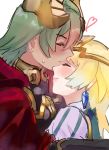  2girls blonde_hair blush closed_eyes closed_mouth crown dark_skin earrings fire_emblem fire_emblem_heroes fjorm_(fire_emblem_heroes) from_side green_hair hair_ornament highres jewelry laegjarn_(fire_emblem_heroes) multiple_girls nintendo sakuramotikun short_hair simple_background smile white_background yuri 