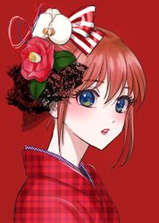  1girl absurdres blue_eyes bow flower gintama hair_bow hair_flower hair_ornament highres japanese_clothes kagura_(gintama) kimono kuroneko_w1nter lipstick looking_at_viewer makeup open_mouth portrait red_background red_flower red_kimono red_lipstick redhead short_hair simple_background solo striped striped_bow 